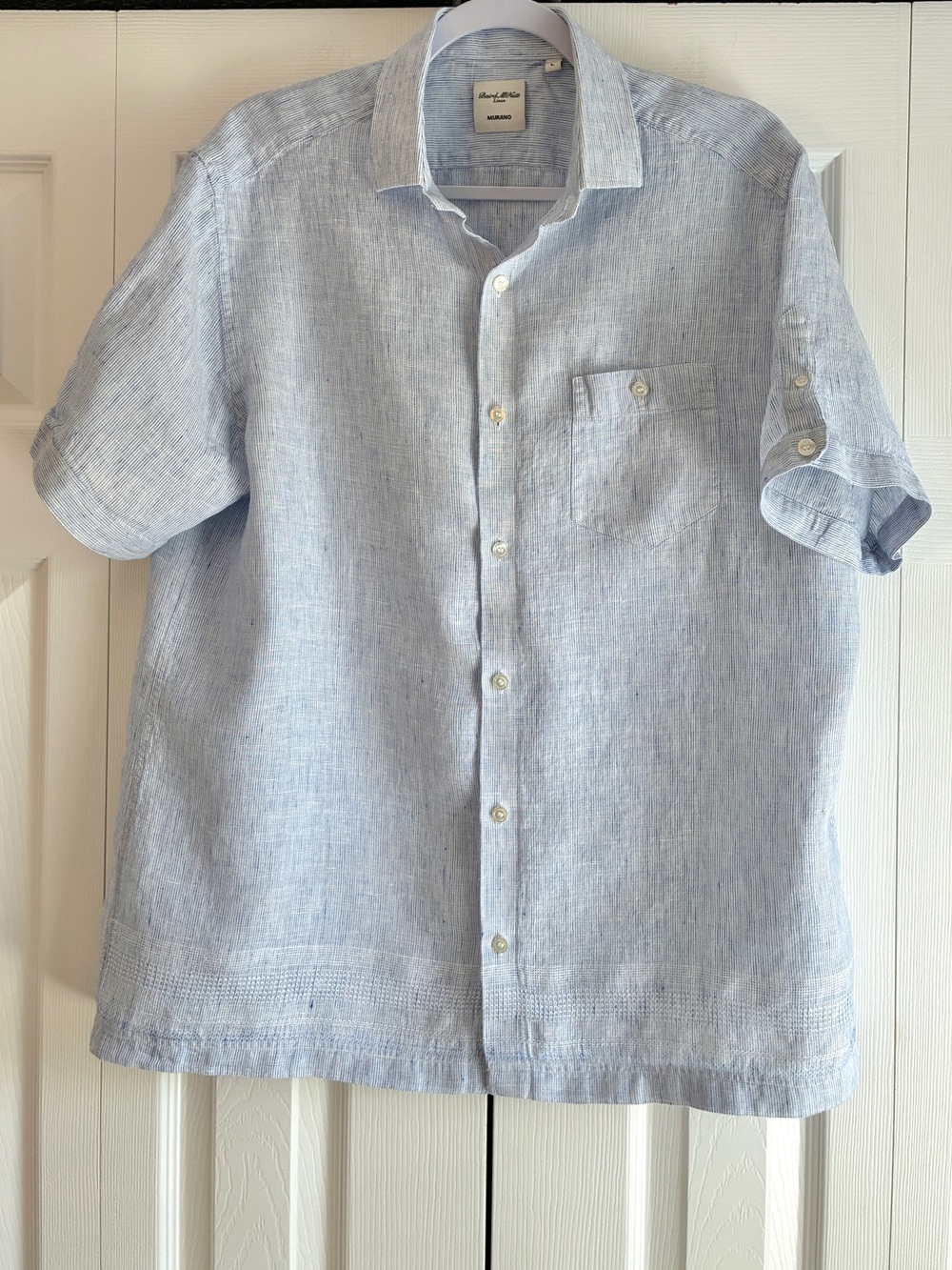 Murano Baird McNutt 100% Linen Shirt L Blue Stripe Short Sleeve Coastal Resort